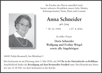 Traueranzeige von Anna Schneider 