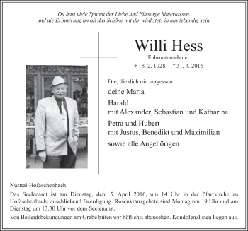 Traueranzeige von Willi Hess 