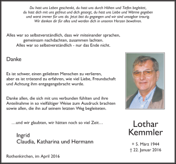 Traueranzeige von Lothar Kemmler 