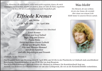 Traueranzeige von Elfriede Kremer 