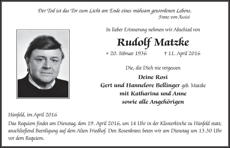  Traueranzeige für Rudolf Matzke vom 15.04.2016 aus 
