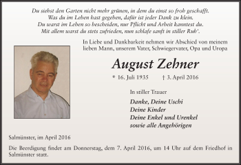 Traueranzeige von August Zehner 