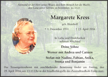 Traueranzeige von Margarete Kress 
