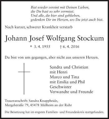 Traueranzeige von Johann Josef Wolfgang Stockum 