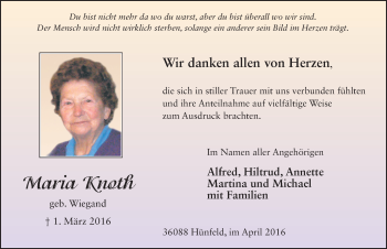 Traueranzeige von Maria Knoth 