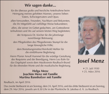 Traueranzeige von Josef Menz 