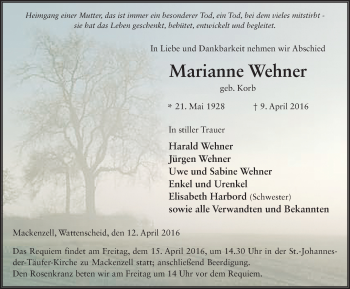 Traueranzeige von Marianne Wehner 