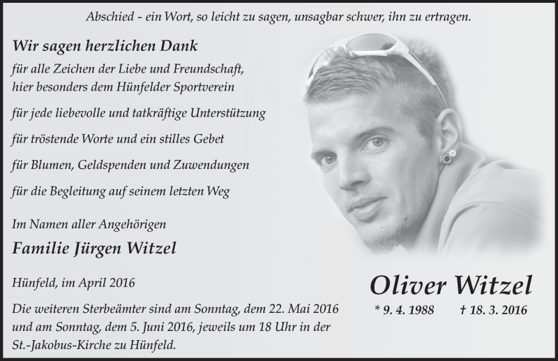  Traueranzeige für Oliver Witzel vom 23.04.2016 aus 