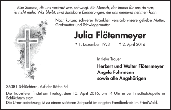 Traueranzeige von Julia Flötenmeyer 