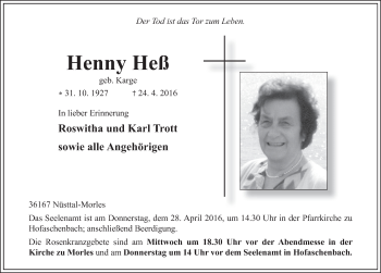 Traueranzeige von Henny Heß 