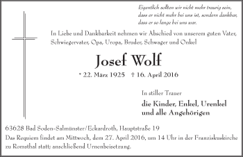 Traueranzeige von Josef Wolf 