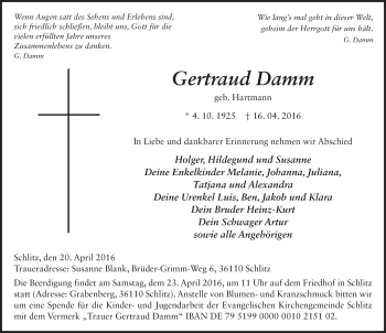 Traueranzeige von Gertraud Damm 