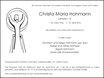 Traueranzeige von Christa-Maria Hohmann 