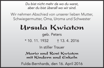 Traueranzeige von Ursula Kwiaton 