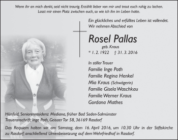 Traueranzeige von Rosel Pallas 