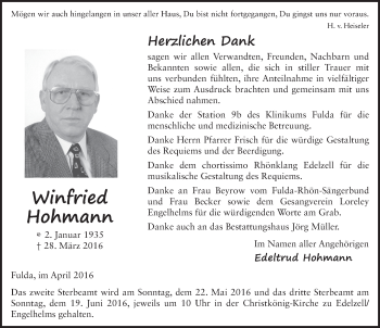 Traueranzeige von Winfried Hohmann 