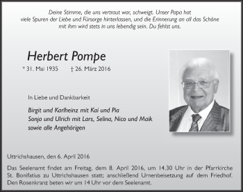 Traueranzeige von Herbert Pompe 