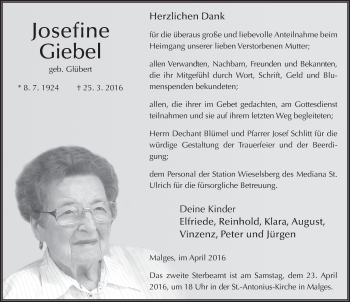 Traueranzeige von Josefine Giebel 