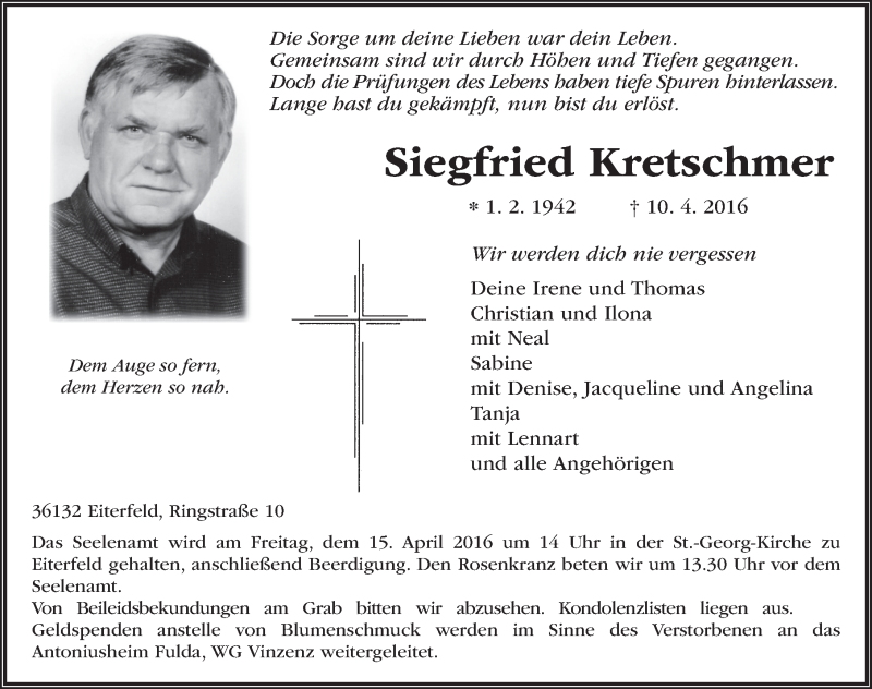  Traueranzeige für Siegfried Kretschmer vom 13.04.2016 aus 