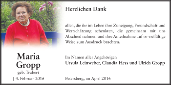 Traueranzeige von Maria Gropp 