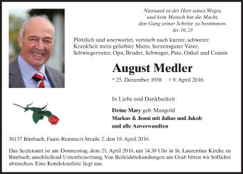 Traueranzeige von August Medler 