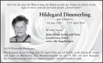 Traueranzeige von Hildegard Dimmerling 