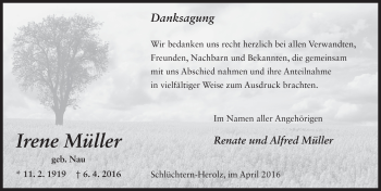 Traueranzeige von Irene Müller 