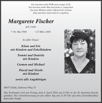 Traueranzeige von Margarete Fischer 