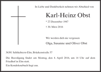 Traueranzeige von Karl-Heinz Obst 