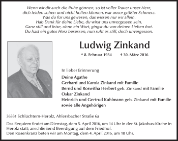 Traueranzeige von Ludwig Zinkand 