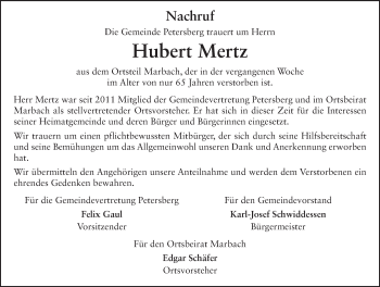Traueranzeige von Hubert Mertz 