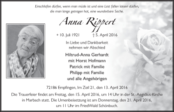 Traueranzeige von Anna Rippert 