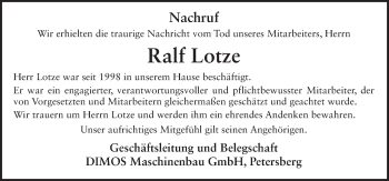 Traueranzeige von Ralf Lotze 