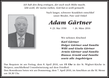 Traueranzeige von Adam Gärtner 