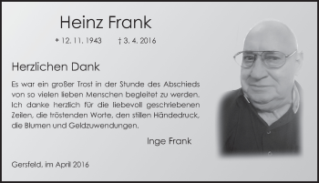 Traueranzeige von Heinz Frank 