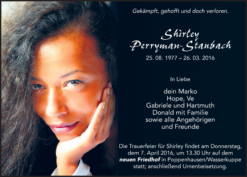  Traueranzeige für Shirley Perryman-Staubach vom 02.04.2016 aus 