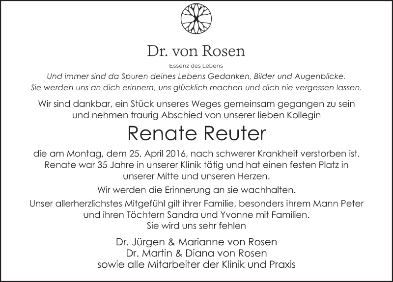  Traueranzeige für Renate Reuter vom 29.04.2016 aus 