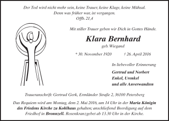 Traueranzeige von Klara Bernhard 