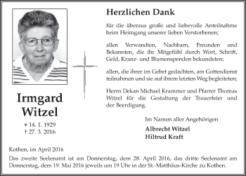 Traueranzeige von Imrgard Witzel 