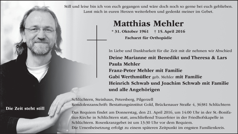  Traueranzeige für Matthias Mehler vom 19.04.2016 aus 
