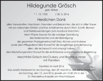 Traueranzeige von Hildegunde Grösch 