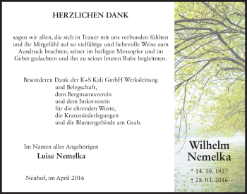 Traueranzeige von Wilhelm Nemelka 