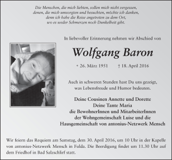 Traueranzeige von Wolfgang Baron 