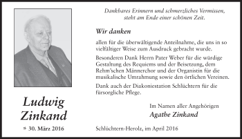 Traueranzeige von Ludwig Zinkand 