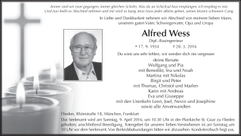 Traueranzeige von Alfred Wess 