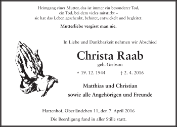 Traueranzeige von Christa Raab 