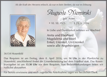 Traueranzeige von Auguste Niemirski 