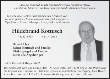 Traueranzeige von Hildebrand Kottusch 