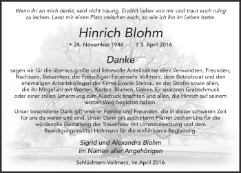 Traueranzeige von Hinrich Blohm 