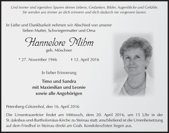 Traueranzeige von Hannelore Mihm 